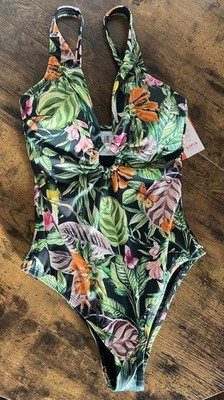 Sofia Vergara Swimsuit Women S Black Tropical Rainforest 1pc Jungle Floral NEW