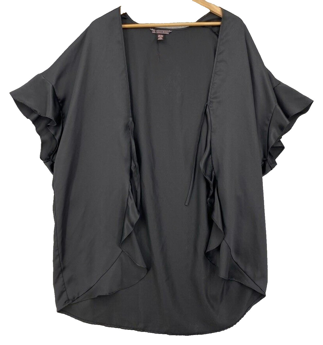 VICTORIA'S SECRET Black Satin Short KIMONO Robe RUFFLE TRIM Short Sleeves OS/S/M