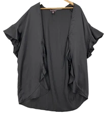 VICTORIA'S SECRET Black Satin Short KIMONO Robe RUFFLE TRIM Short Sleeves OS/S/M