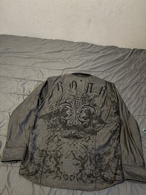 Roar Mens Signature Embroidered Long Sleeve Button Down Shirt XL Grey Black