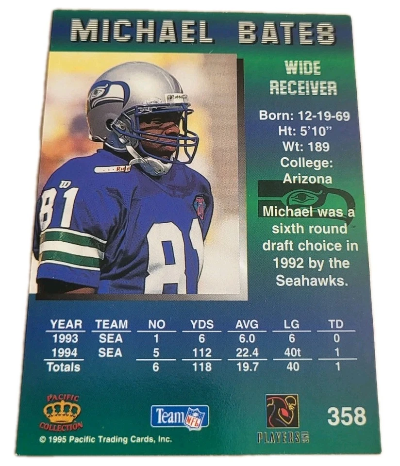1995 Pacific #358 Michael Bates Seattle Seahawks NFL Football Card (Q1 - Image 2 of 2