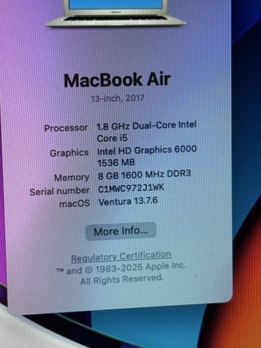 MacBook Air 2017 A1466 13” i5 1.8Ghz 8GB RAM 128GB SSD macOS Ventura Laptop - Afbeelding 4 van 11