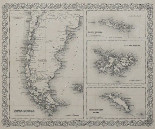 ORIGINAL 1855 COLTON'S MAP OF PATAGONIA, SOUTH ORKNEY, FALKLAND ISLANDS, SOUTH