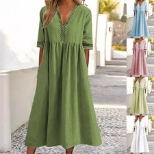 UK Womens Lace V Neck Casual Loose Kaftan Dress Summer Pockets Dresses PLUS SIZE
