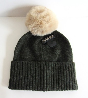 Steve Madden Knit Hat Olive w/Blonde Pompon, Silver Logo - NEW w/Tags