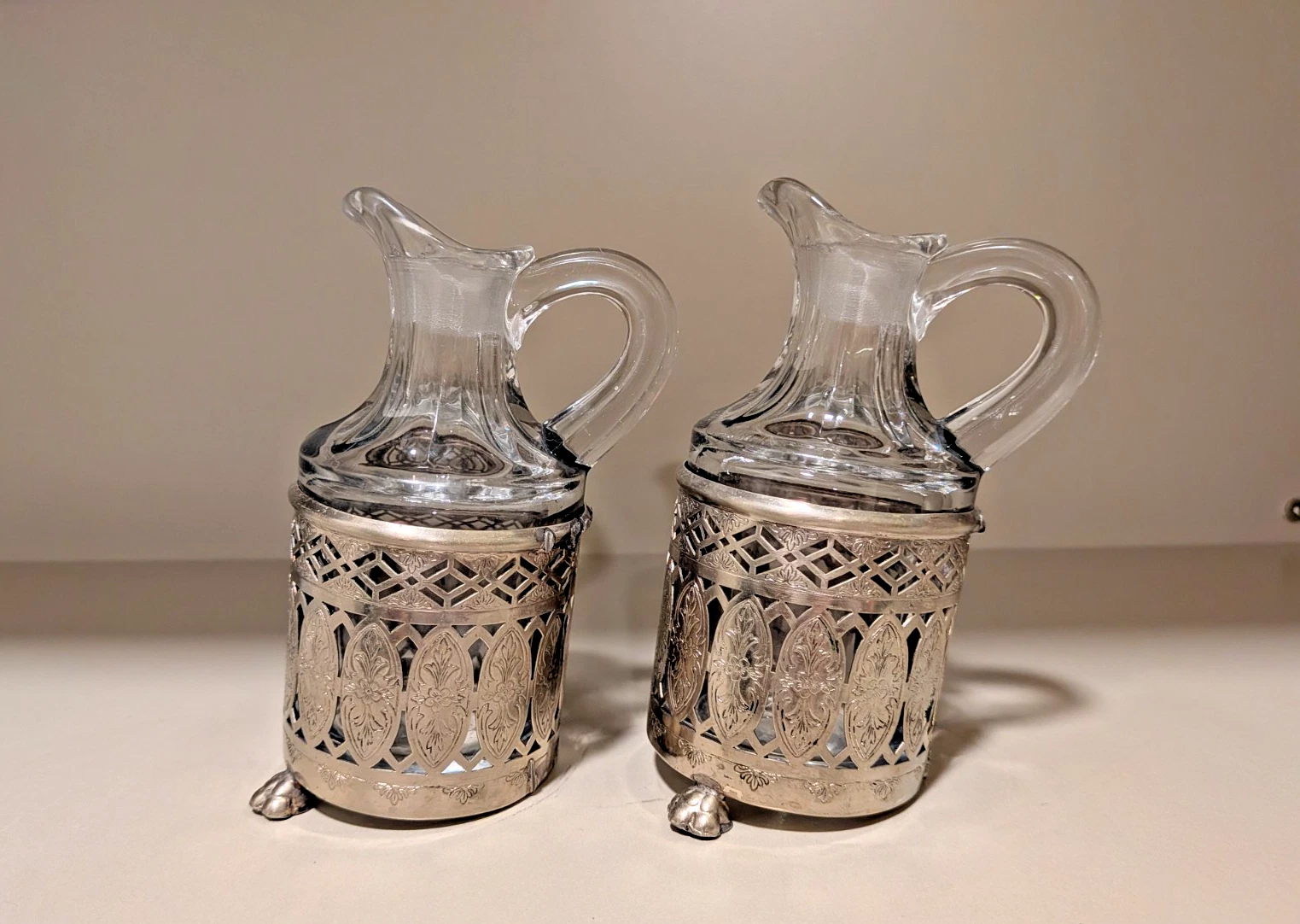 Oil and Vinegar Victorian Cruet Set-with Legs-Silver Plated -Glass Holders
