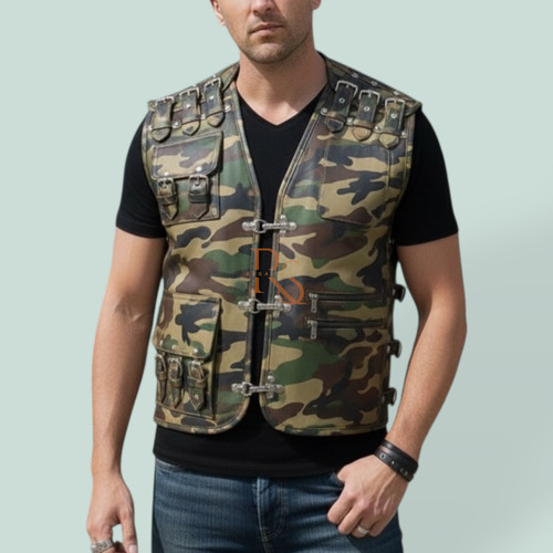 Men’s Gay Genuine Lambskin Leather Vest Camo Utility Biker Fetish Waistcoat
