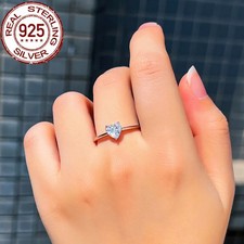 Women Dainty Heart Shape Cubic Zirconia 925 Sterling Silver Engagement Ring Gift