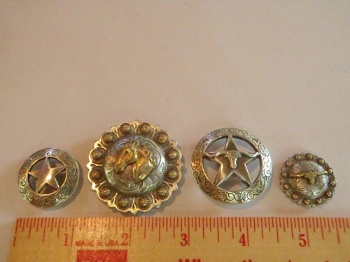 4 PC Silver Engraved WESTERN Conchos Screw Back LONGHORN STAR - 1 3/4" to  1"
