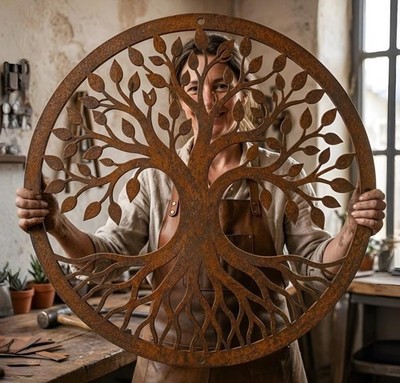 Tree of Life Metal Wall Art, Rustic Circular Garden Wall Decor