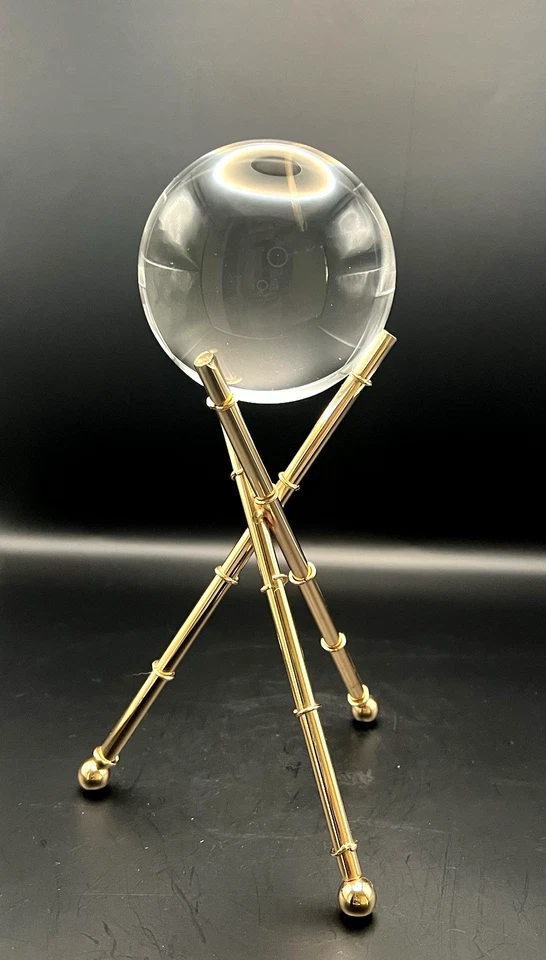 VTG Crystal Clear Orb Ball w/Gold bamboo tripod base Hollywood regency Glow - Image 4 of 4