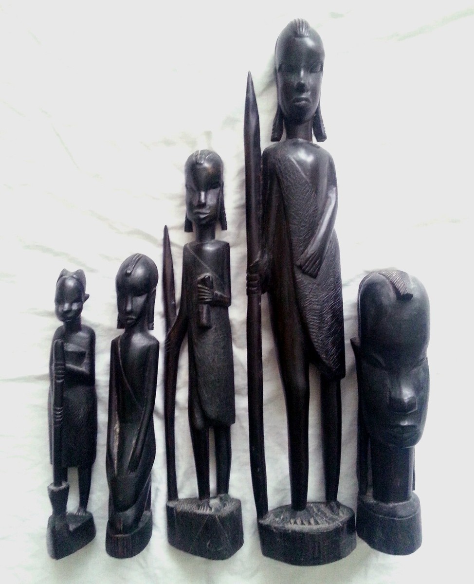 Vintage African 5 hand carved statues Kenya, Tanganyika 18.75