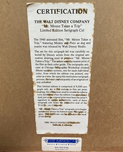 1940 The Walt Disney "Mr. Mouse Takes A Trip" Limited Edition Serigraph Cel Art - Picture 3 of 3