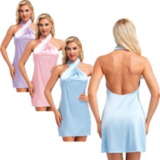 Womens Open Back Mini Dress Halterneck Satin Holiday Dress Summer Sleeveless