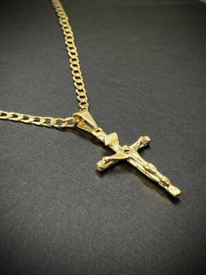 14K Yellow Gold Filled Cross Necklace Charm 33x18 Curb Chain Unisex Fashion 24''