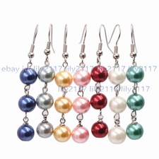 Elegant 8mm Multi-Color Round Shell Pearl Beads Dangle Silver Hook Earrings