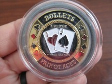 BULLETS PAIR OF ACES GOLD POKER CARD GUARD COIN LAS VEGAS HOLD'EM IN CASE