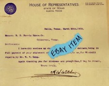1912 letterhead AUSTIN TEXAS H W Witcher SAM RAYBURN speaker of house BOB BARKER