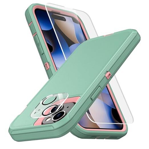 Heavy Duty Case for with Tempered Glass Screen iPhone 15 Plus Aqua/Light Pink