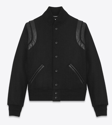 New Black Wool Letterman Varsity College Double Straps Retro Jacket Full Wool