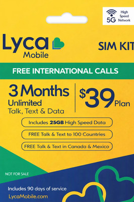 Lyca Mobile SIM Kit 3 Months $39 Plan Unlimited Talk Text Data 25GB/Month 5G