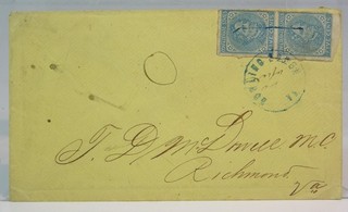 1860s CONFEDERATE CIVIL WAR COVER WITH 5 CENT STAMPS CSA #7 GREEN INK POSTMARK