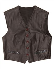 VINTAGE Womens Leather Waistcoat IT 46 Large Black Leather DH36