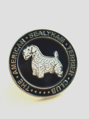 brooch lapel pin for women American Sealyham Terrier Clyb Navy Blue background c