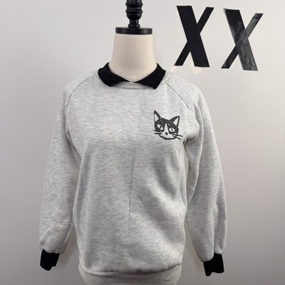 Vintage Y2K Gray Collared Cat Sweatshirt Pullover Cat Lady Indie Niche S/M
