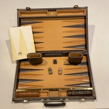 Vintage Aries Beverly Hills Backgammon Set Tan Brown Travel Case Complete MCM