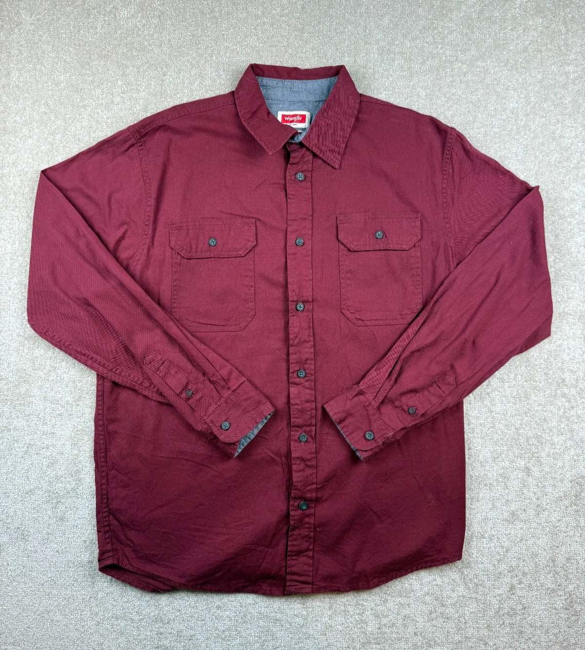 Wrangler Flannel Shirt Men's Medium Maroon Solid Long Sleeve Button Up Workwear