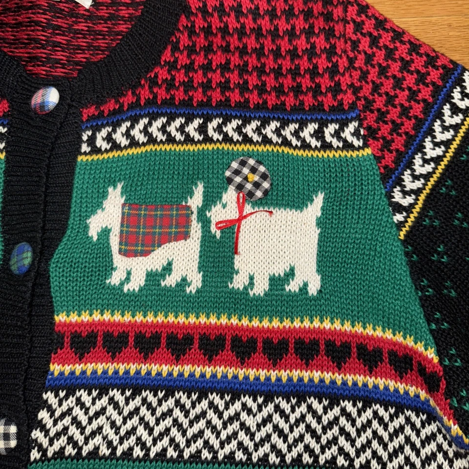 Vintage Susan Bristol Cardigan Sweater Scottie Dogs Sz L Plaid Grandma - Image 3 of 4