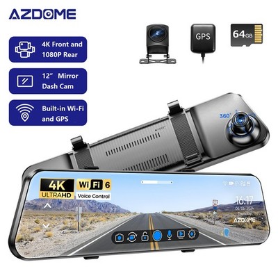 AZDOME 12''4K+1080P Rear View Mirror Dash Cam WiFi6 GPS Parking Mode 64GB SD Card