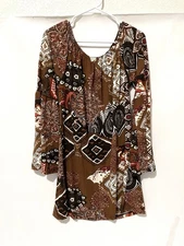 WIN WIN BOHO BROWN PAISLEY MEDALLION BELL SLEEVE ELASTIC NECKLINE TUNIC TOP L XL