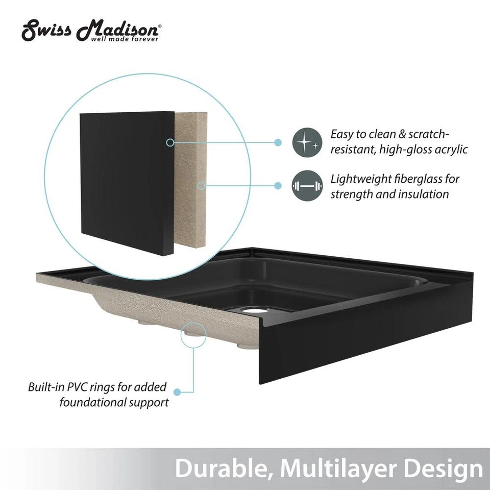 Base de ducha rectangular Swiss Madison SM-SB521 Voltaire 36" x 60" - negra Foto 3 de 4