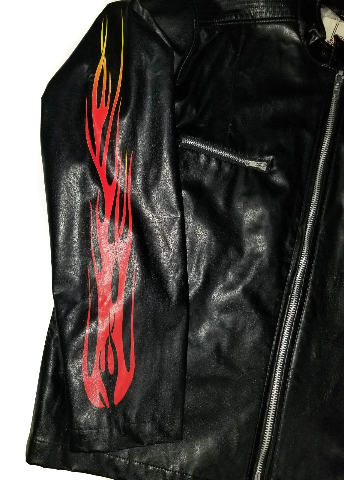 BC Ethic Faux Leather Jacket Vintage 90s Black Fire Flame Sleeves Mens LG - product detail image 3