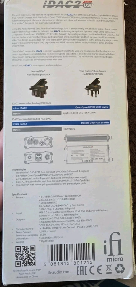 Amplificador de auriculares iFi AUDIO micro iDAC2 USB DAC cuatro velocidades PCM 32 bits/384 kHz Foto 2 de 4