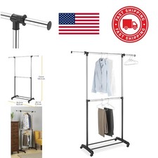 Adjustable Two Rod Garment Rack with Rolling Wheels Black and Chrome Finish
