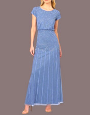  199 Adrianna Papell Beaded Short-Sleeve Sheer-Overlay Gown Size: 10 French Blue