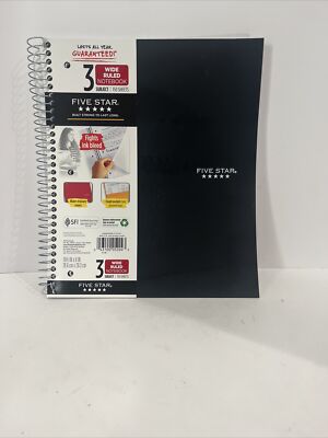 Five Star Spiral Notebook, 3-Subject, Wide Ruled Paper, 10-1/2'' x 8'', 150.Black