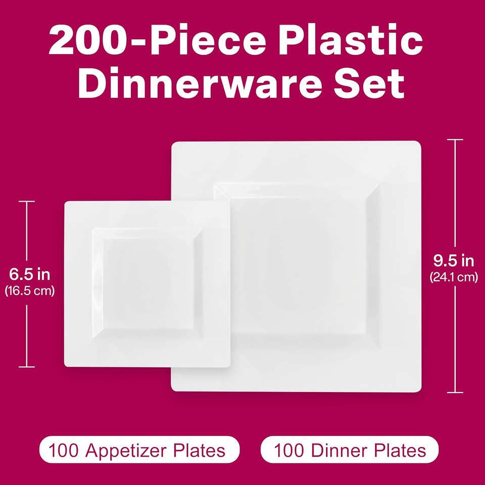 Aya's 200 Square Plastic Plates, Heavy Duty Hard Plastic Disposable
