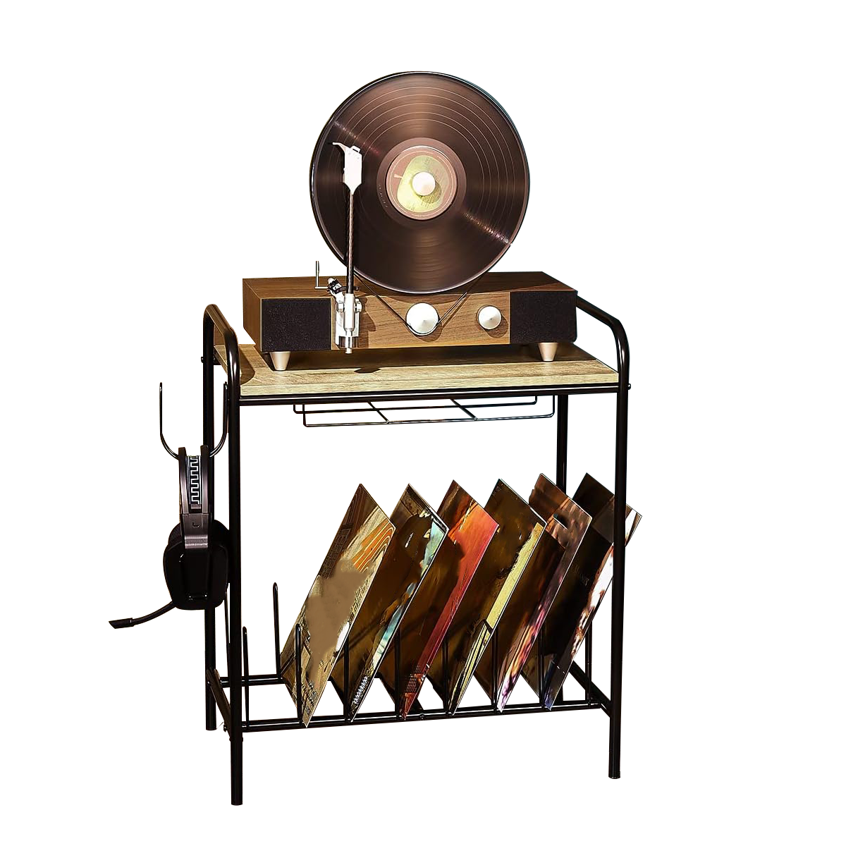 Vintage Wooden Record Player Stand with Storage for Vinyl & Turntable-image