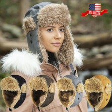 Solid Canvas Aviator Trapper Hat Winter Cap Ski Warm Fur Cap