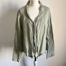 Flax Linen Jacket Top Size Medium Green Stripe Tie Neck Long Sleeve 100% Linen