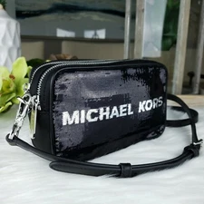 NWT Michael Kors SM small Kenly sequin crossbody camera bag messenger black MK
