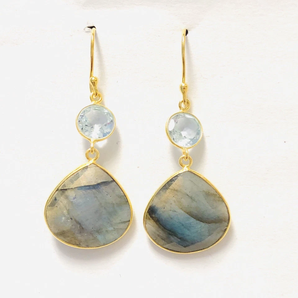 Pendientes SS 18K YG Labradorita y Topacio Azul Foto 3 de 4