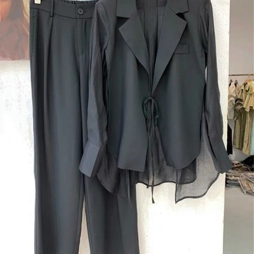 Summer Women's Office Outfits Chiffon Shirt Blazer Wide Leg Pants Two Piece Set