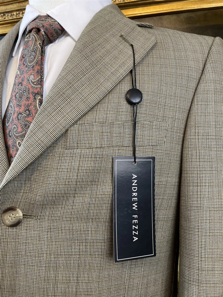 Blazer Andrew Fezza 36R Lana Worsted Beige Azul Marrón Micro Estampado 3Btn Nuevo con Etiquetas Foto 2 de 4