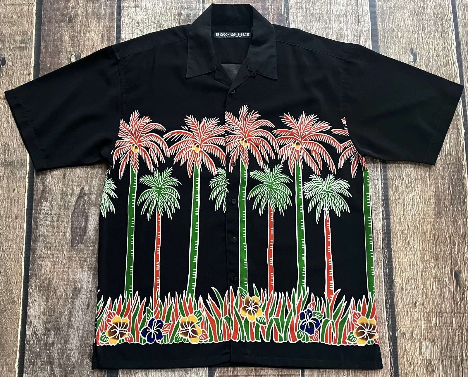 BOX OFFICE ISLAND HAWAIIAN PALM TREE SHIRT LUAU CAMP BLACK MULTI MENS LARGE EUC