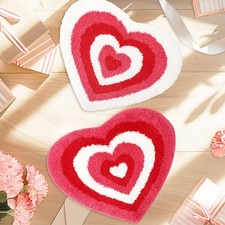 2 Pcs Valentine Heart Bath Mat Pink Red Heart Shaped Bathroom Rug Non Slip Ab...
